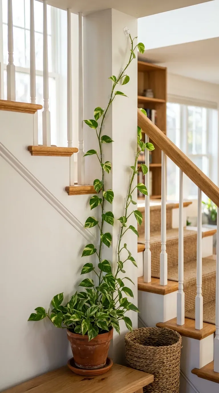 Pothos vine routed along a staircase wall edge using small adhesive cable clips
