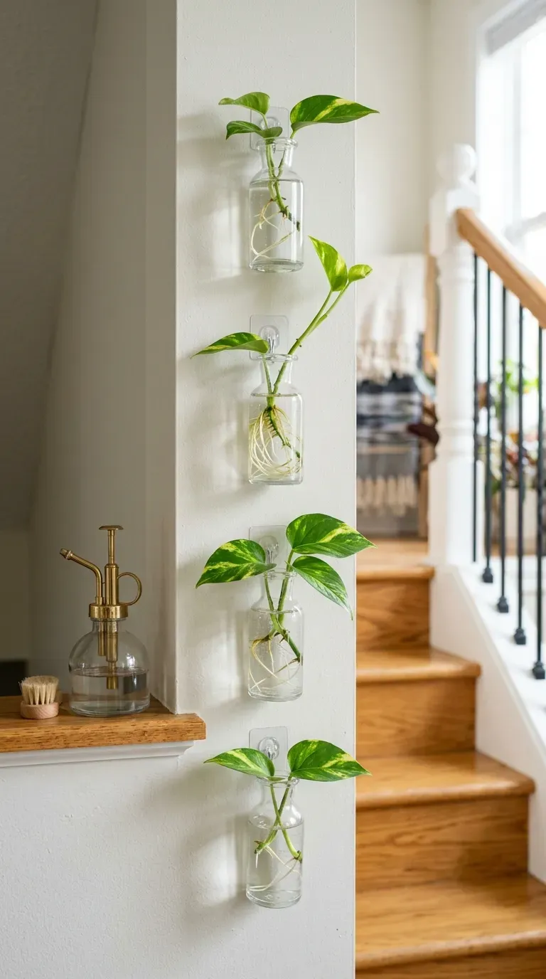 Pothos cuttings rooting in glass bud vases hung from small adhesive hooks on a staircase wall