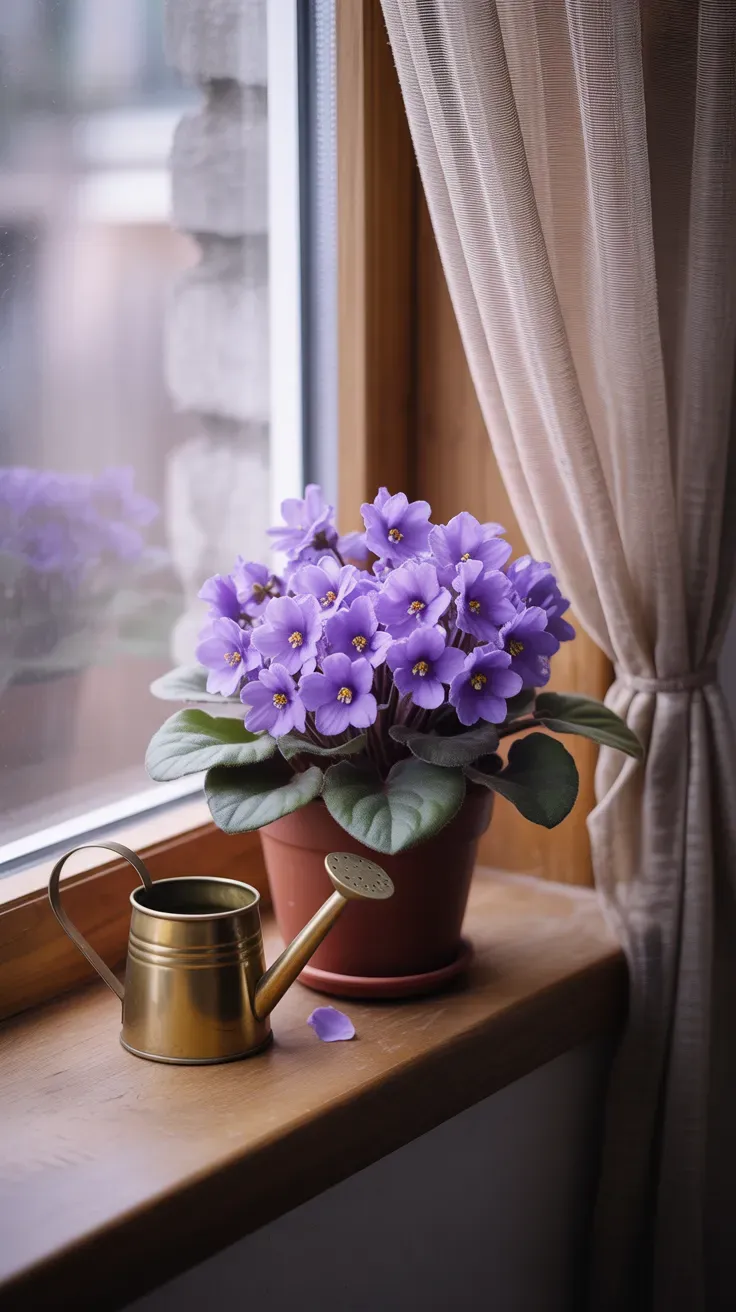 Purple African violet in bloom on a bright windowsill with fuzzy green leaves