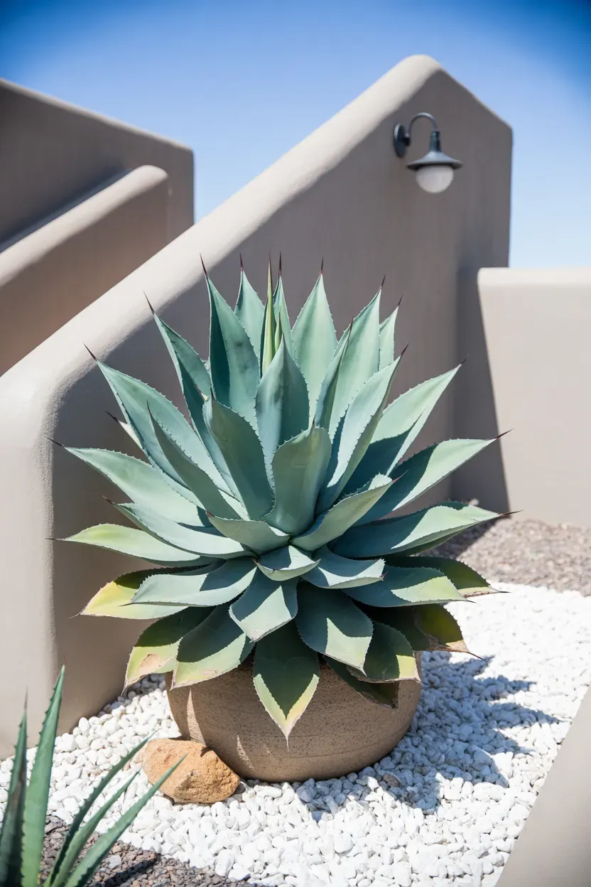 Blue agave plant in concrete pot creating bold accent on desert-modern staircase