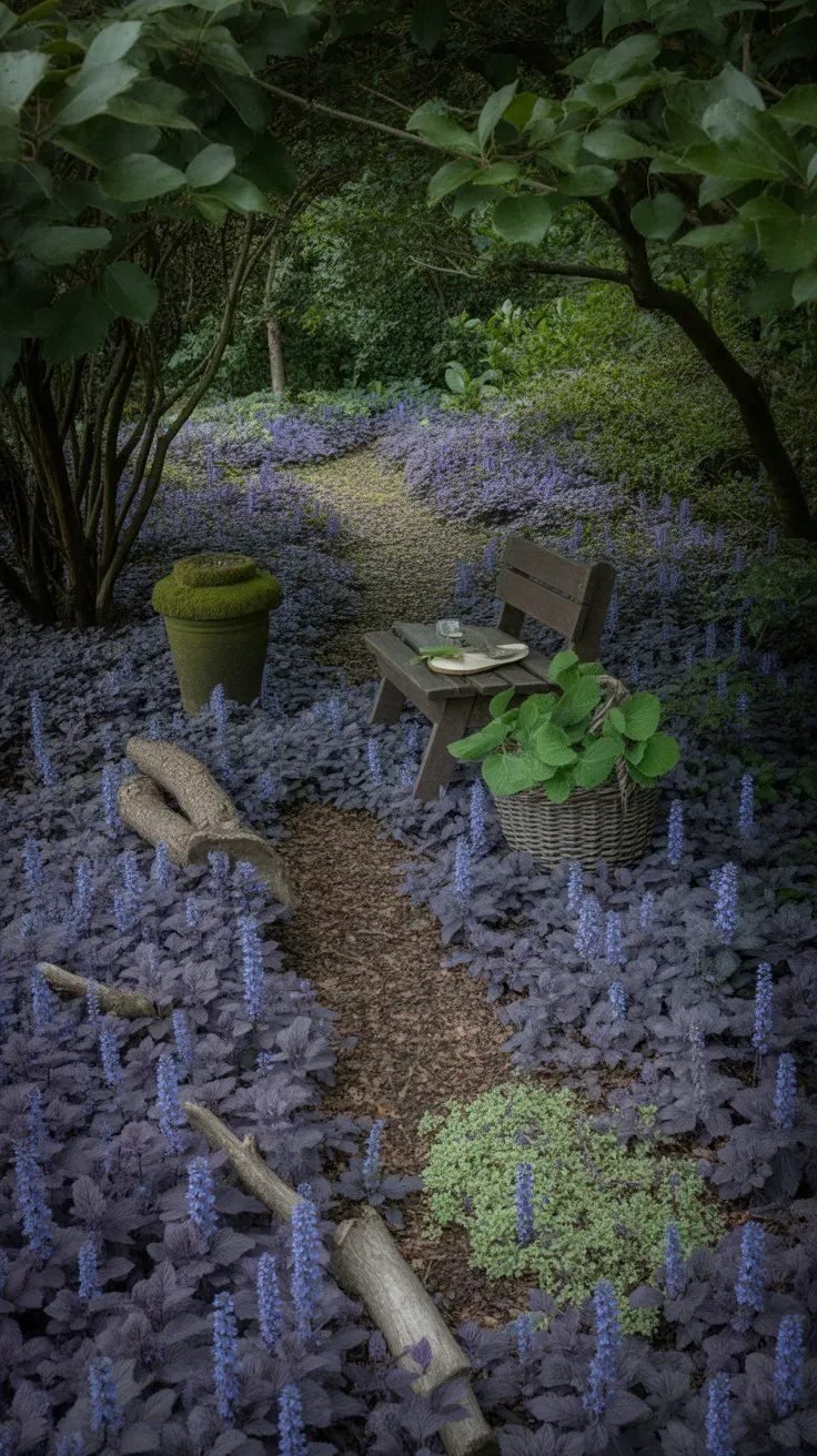 Deep purple ajuga bugleweed carpeting a shaded garden path beneath tree cover