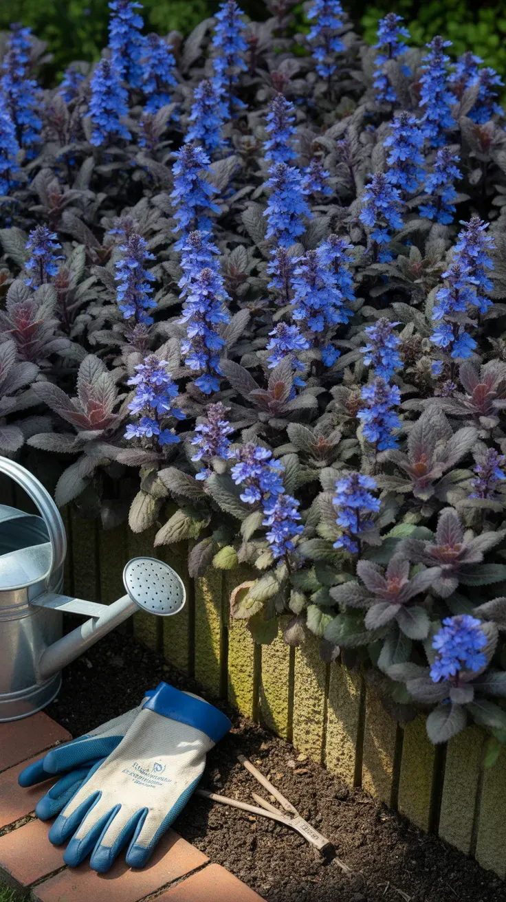 Ajuga reptans with bronze-purple foliage and blue flower spikes covering garden border