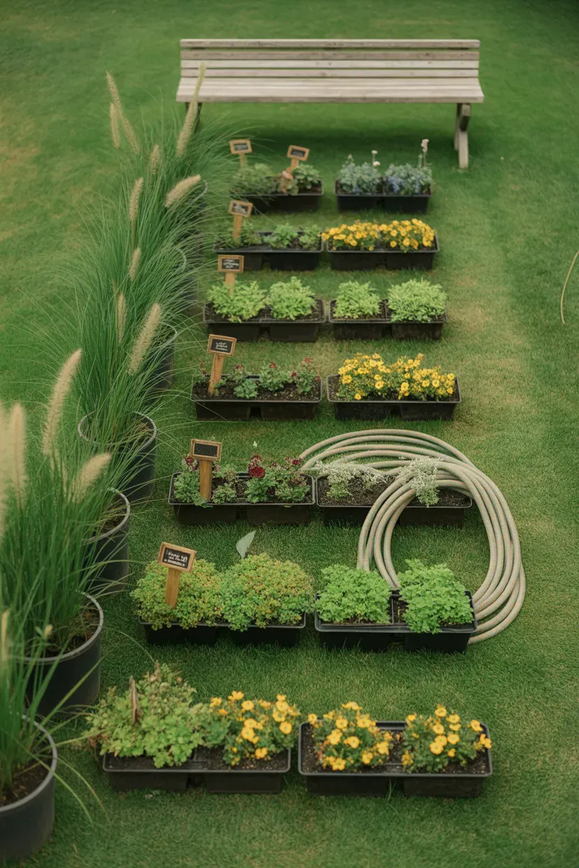 Tall and short plant pairs alternating in rhythm along sunny garden staircase
