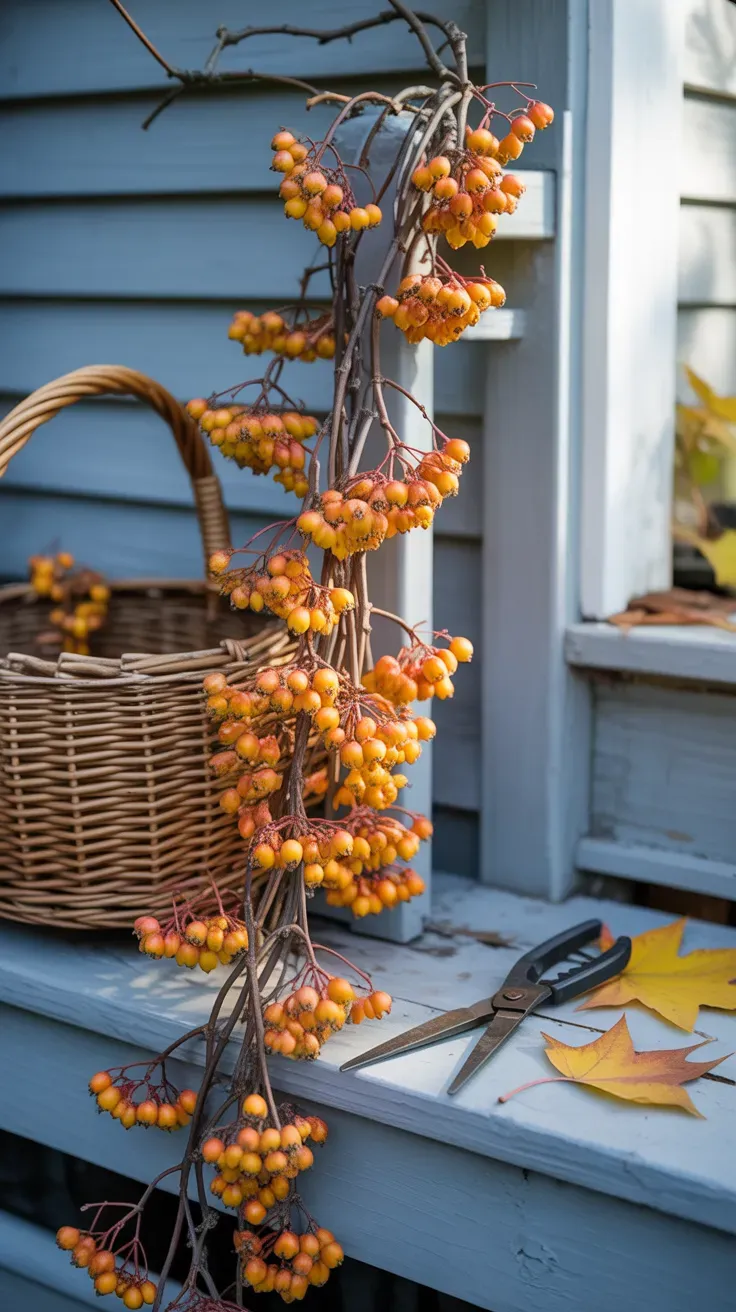 Bittersweet vine with orange berry clusters coiled on a rustic porch railing