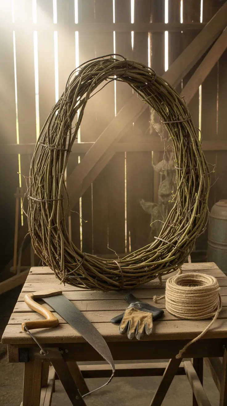 Thick wisteria vine bent into a large basket frame on a barn workbench