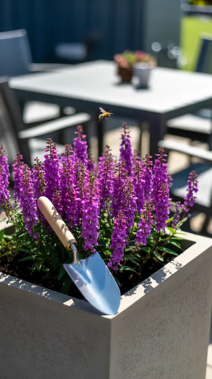 Purple angelonia spikes blooming densely in a heat-tolerant container garden