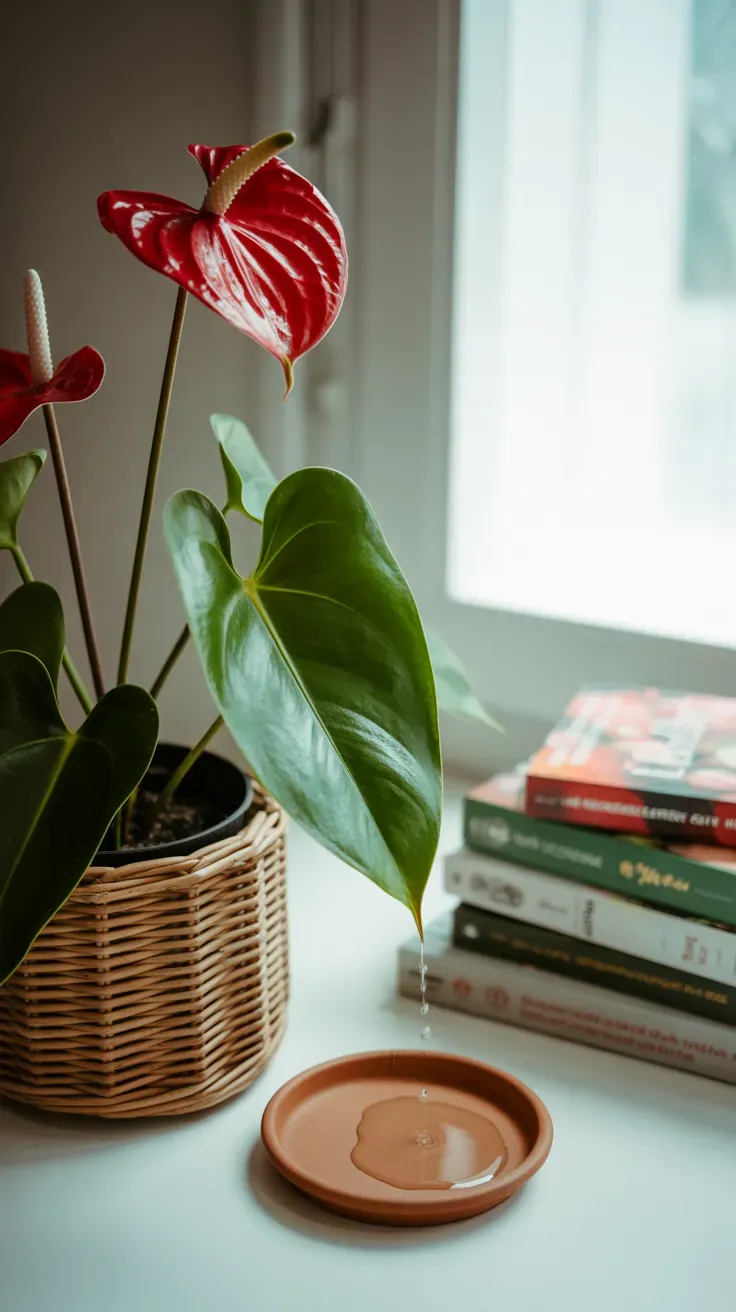 Glossy red anthurium spathe blooming among dark green heart-shaped leaves indoors