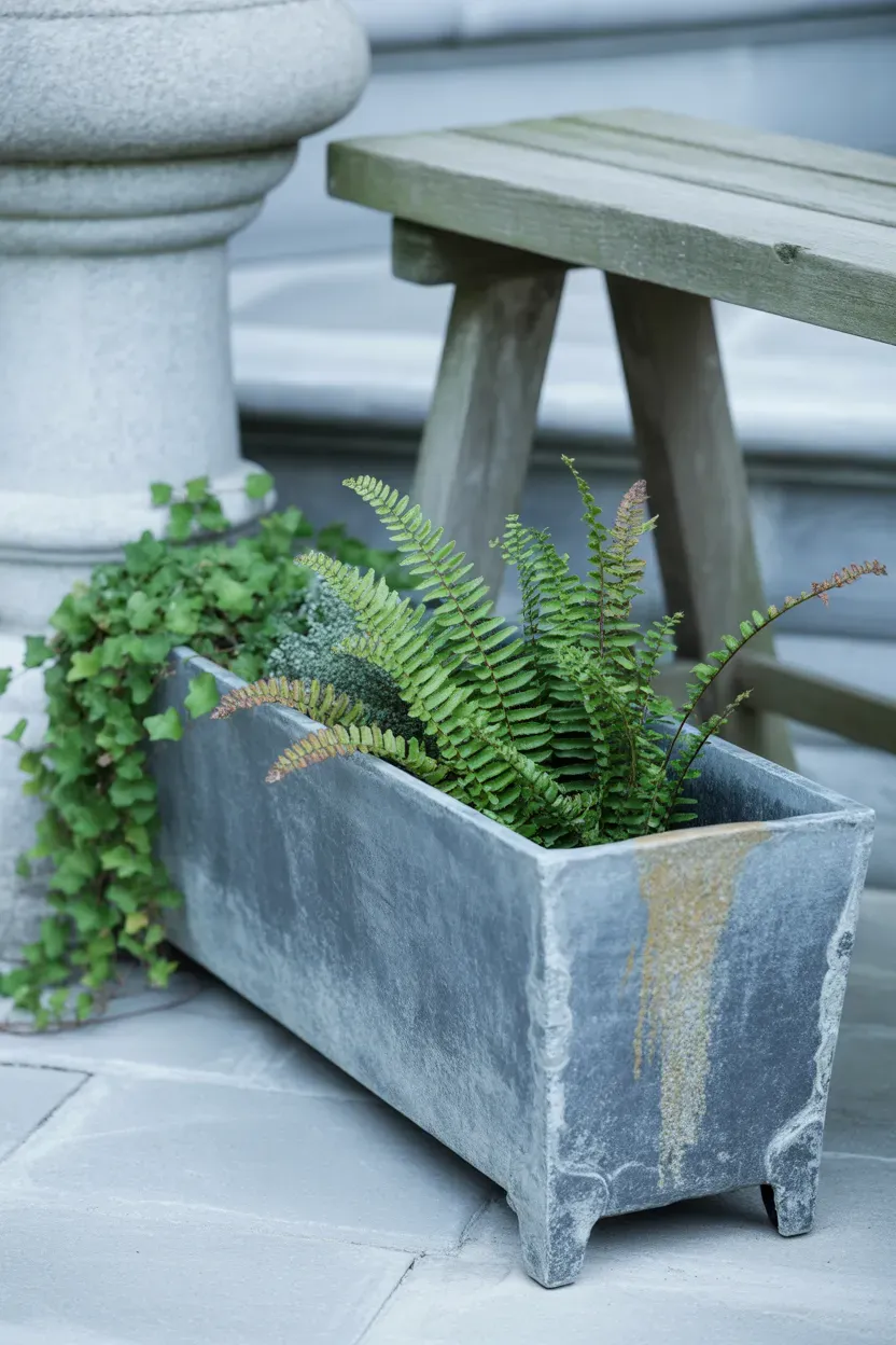 Genuine antique lead trough planter with ferns beside heirloom luxury staircase
