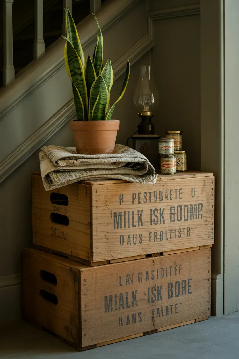 Stacked antique wooden milk crates holding a snake plant on a farmhouse staircase landing