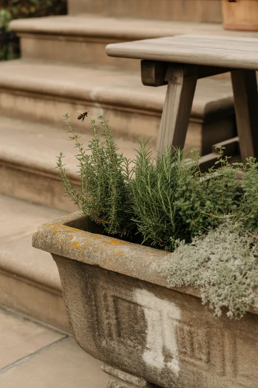 Genuine antique stone trough filled with herbs bringing rustic refined character to staircase