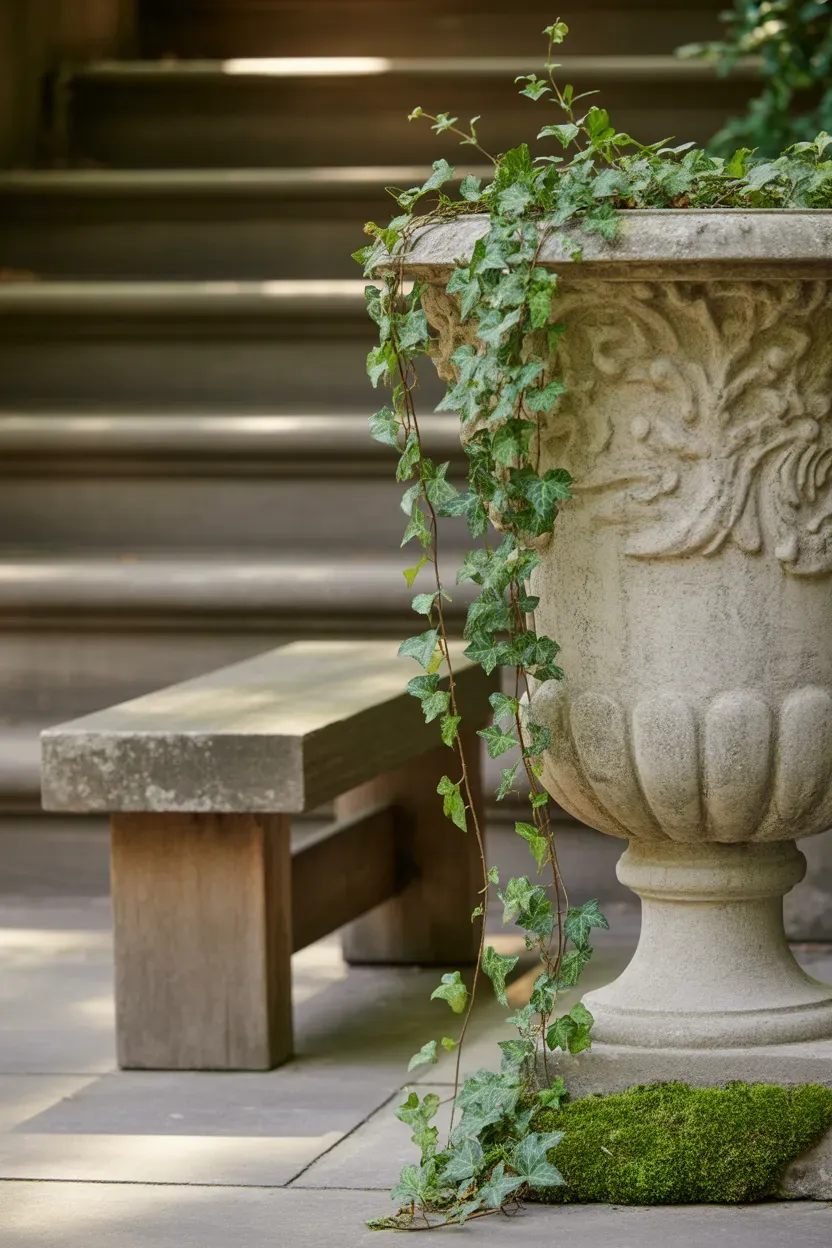 Genuine antique stone urn with trailing ivy vine showing weathered grandeur beside staircase