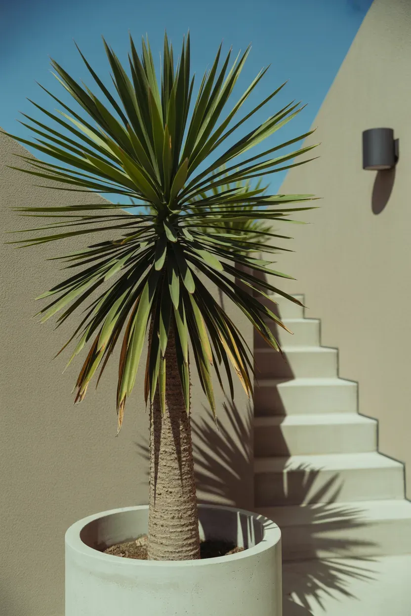 Tall yucca plant in large concrete pot creating bold vertical statement on modern staircase