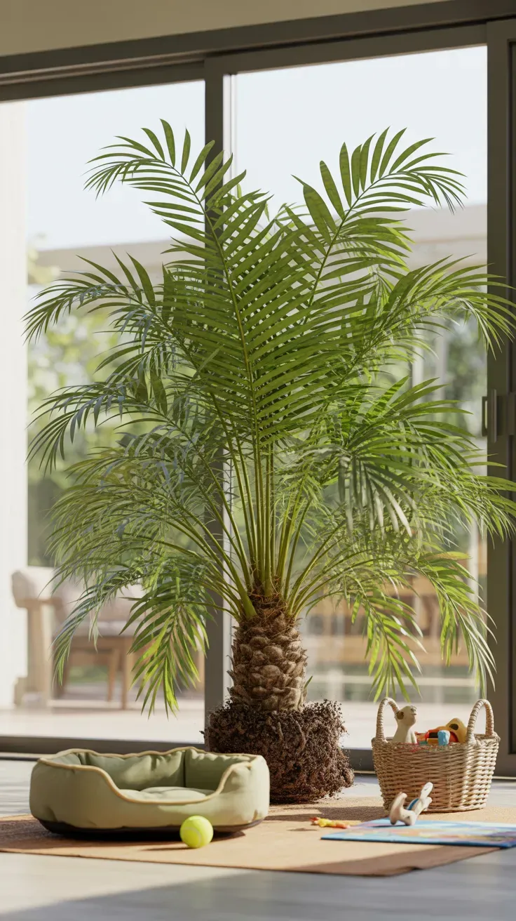 Full areca palm with feathery fronds in bright family room with dog resting nearby