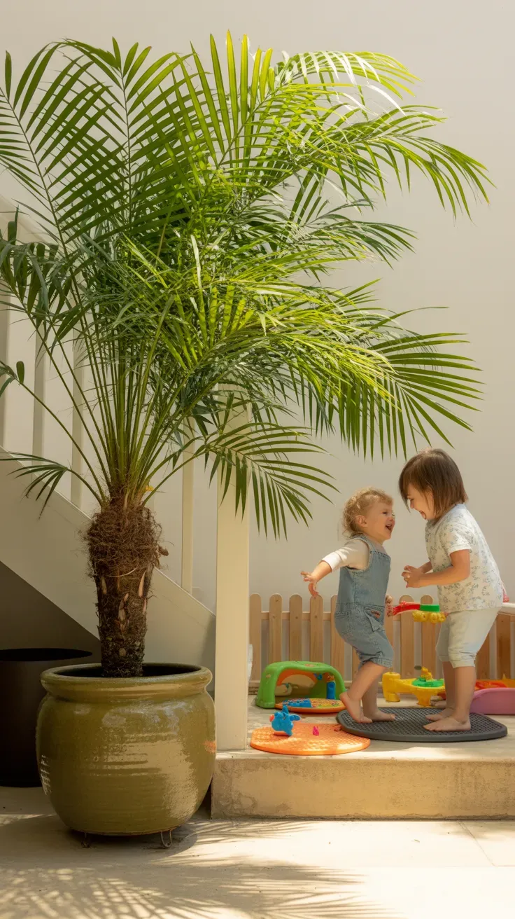Areca palm in heavy ceramic pot beside kid-safe staircase with children playing nearby
