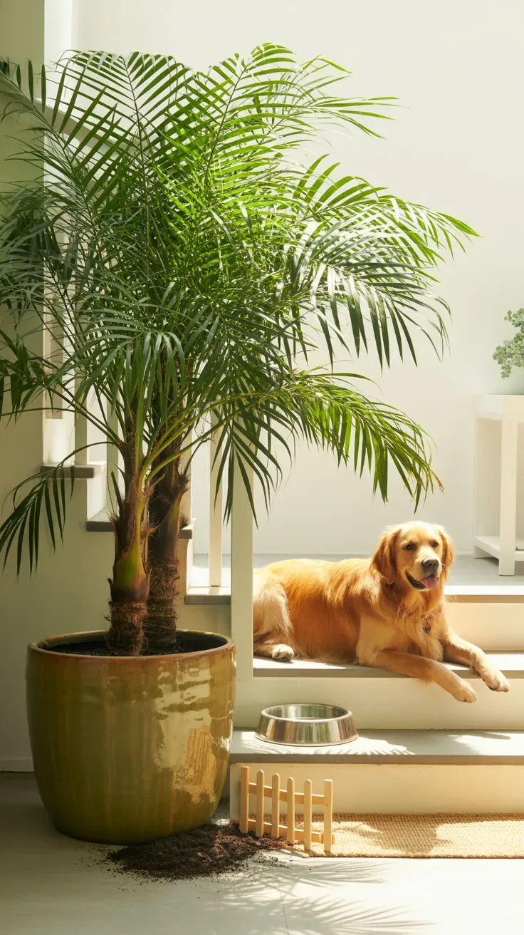 Areca palm in heavy ceramic pot beside pet-safe staircase with dog resting nearby