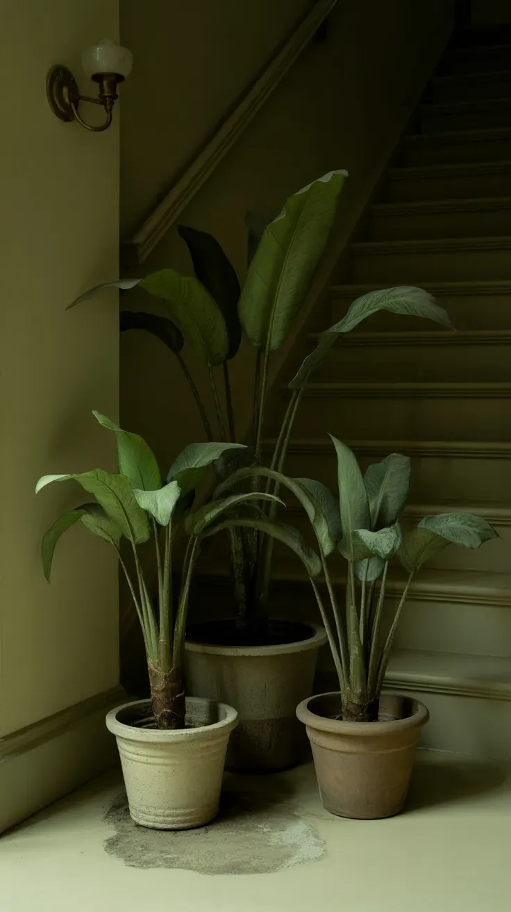 Three cast iron plants grouped together filling dark staircase corner with broad leaves