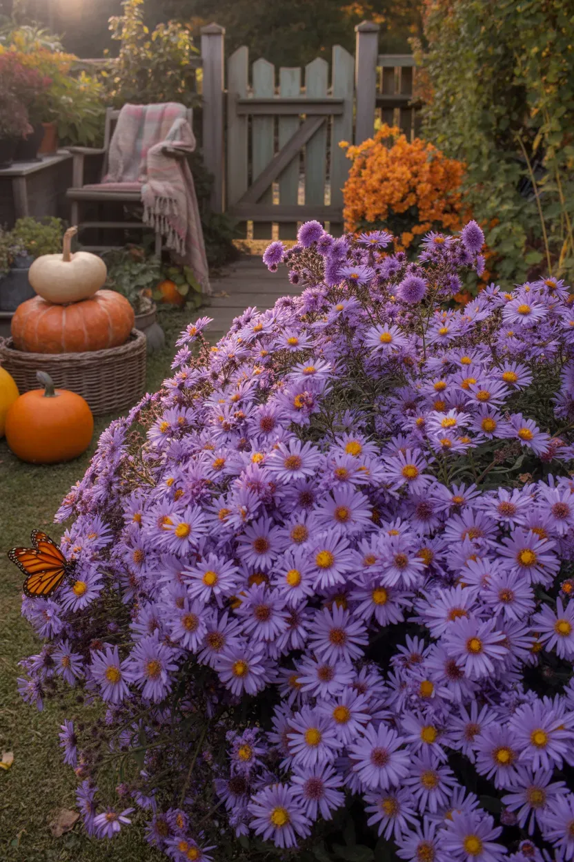 Aster with dense purple blooms covering sunny late-fall garden border