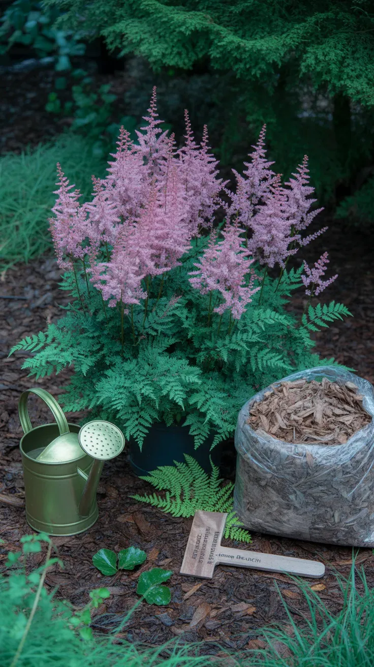 Feathery pink astilbe plumes blooming in a moist, mulched shade garden bed