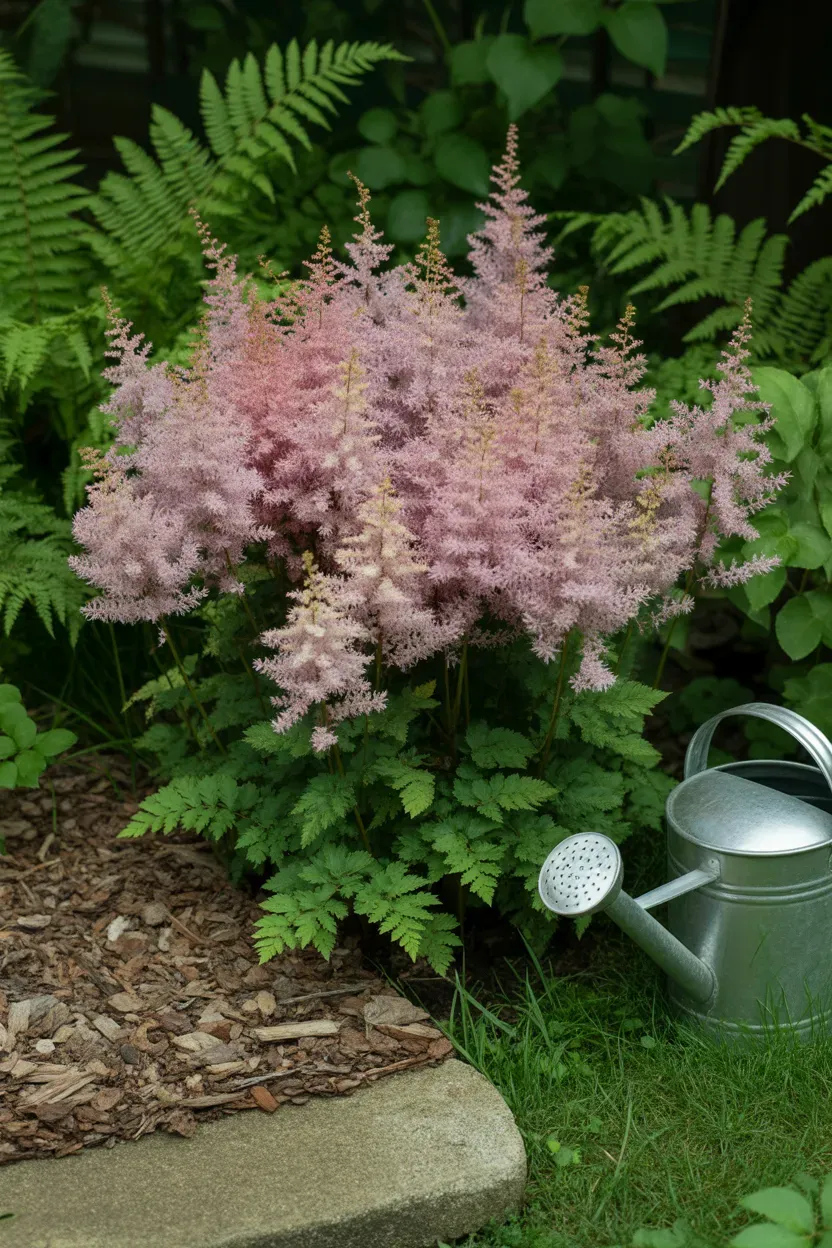 Astilbe with feathery pink plumes blooming in shaded woodland garden bed