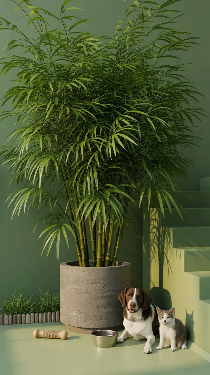 Bamboo palm providing structural greenery as non-toxic boxwood alternative on pet-safe staircase