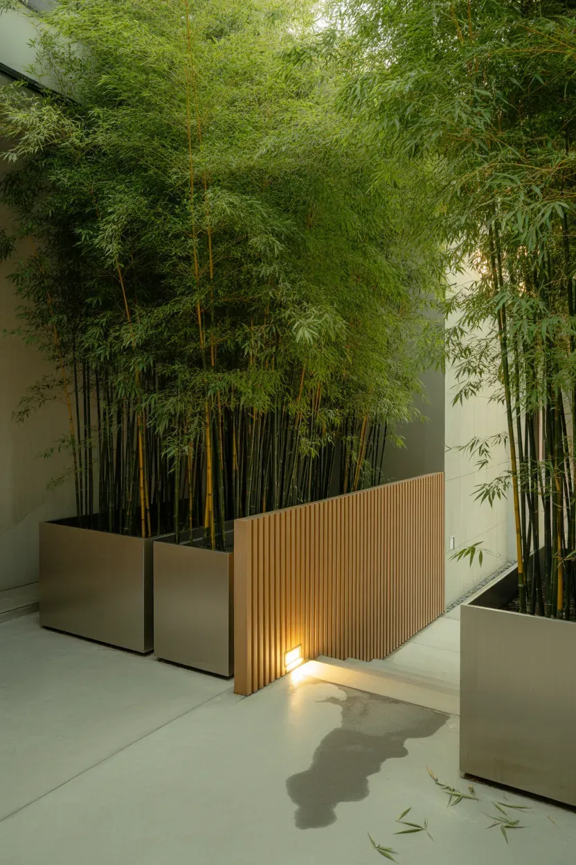 Tall bamboo privacy screen planters lining side of modern staircase for enclosure