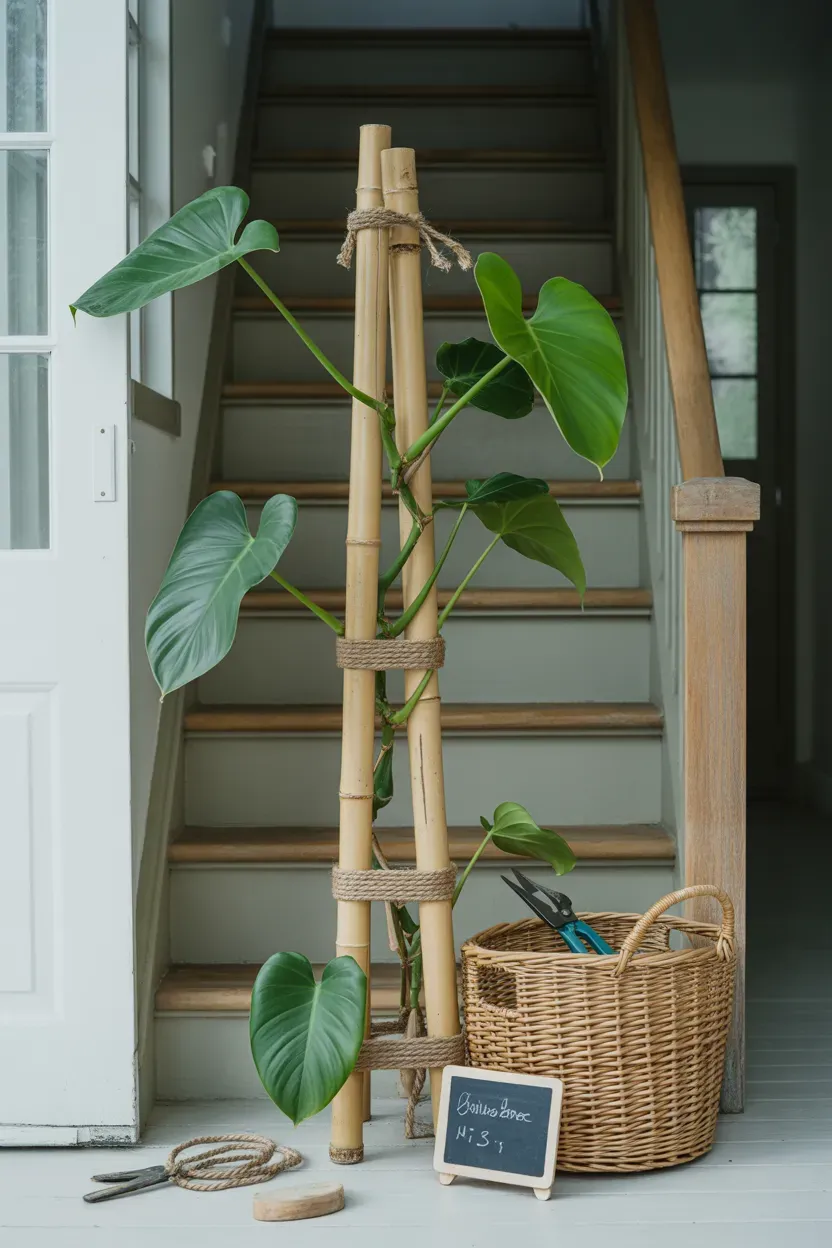 Philodendron trained up bamboo stakes beside a wooden staircase banister