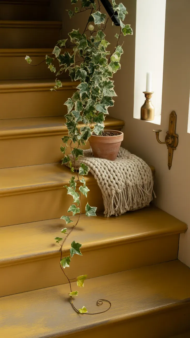 English ivy draped loosely over a staircase banister without any ties or fasteners