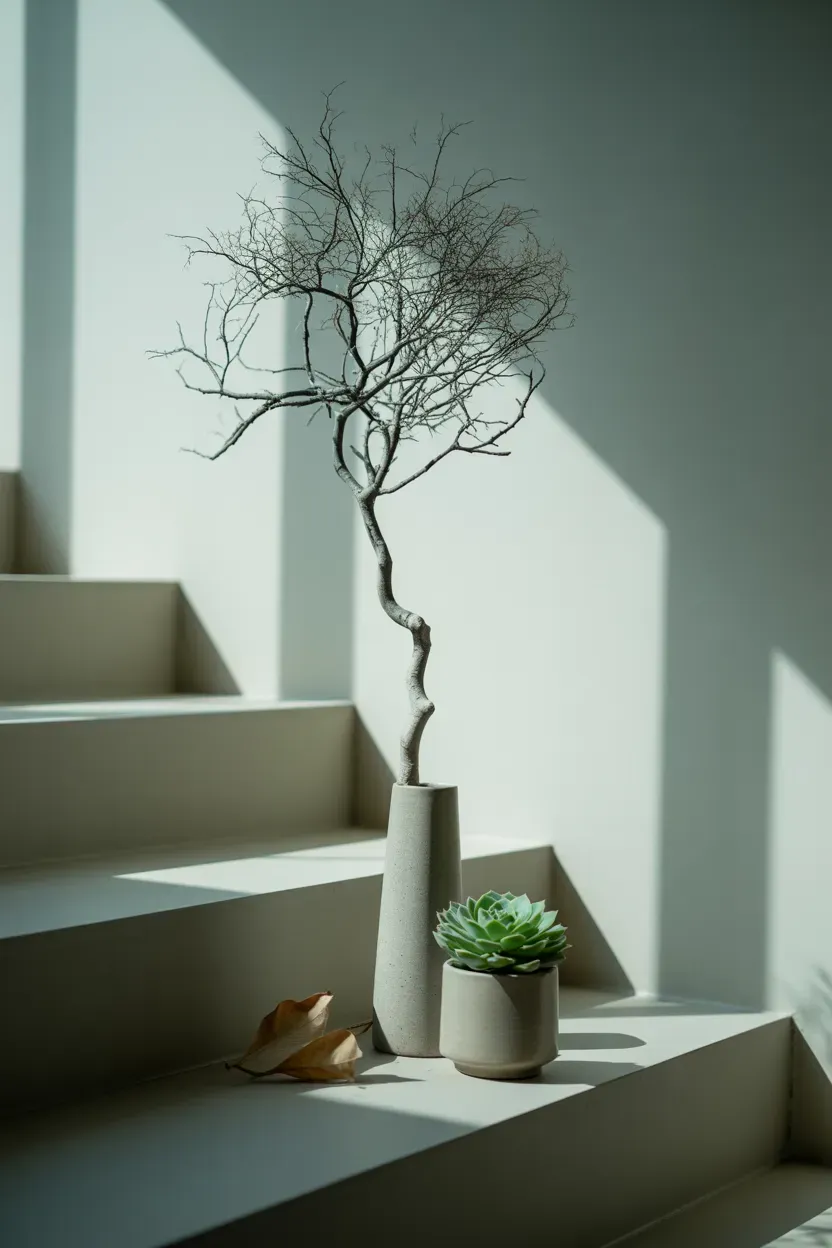 Bare tree branch in a tall vase beside a small succulent pot on a minimalist staircase step