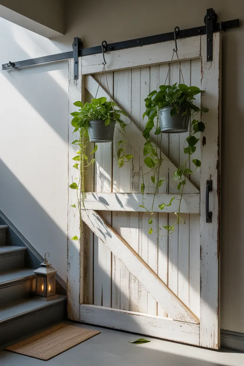 Sliding barn door with hanging plants suspended from iron track hardware near a farmhouse staircase
