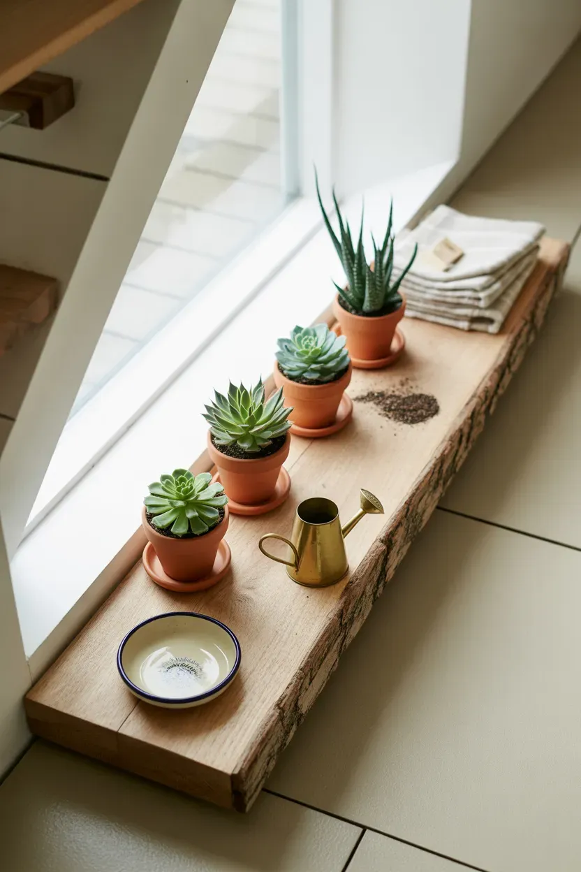 Raw barn wood floating shelf holding small succulents beside a farmhouse staircase