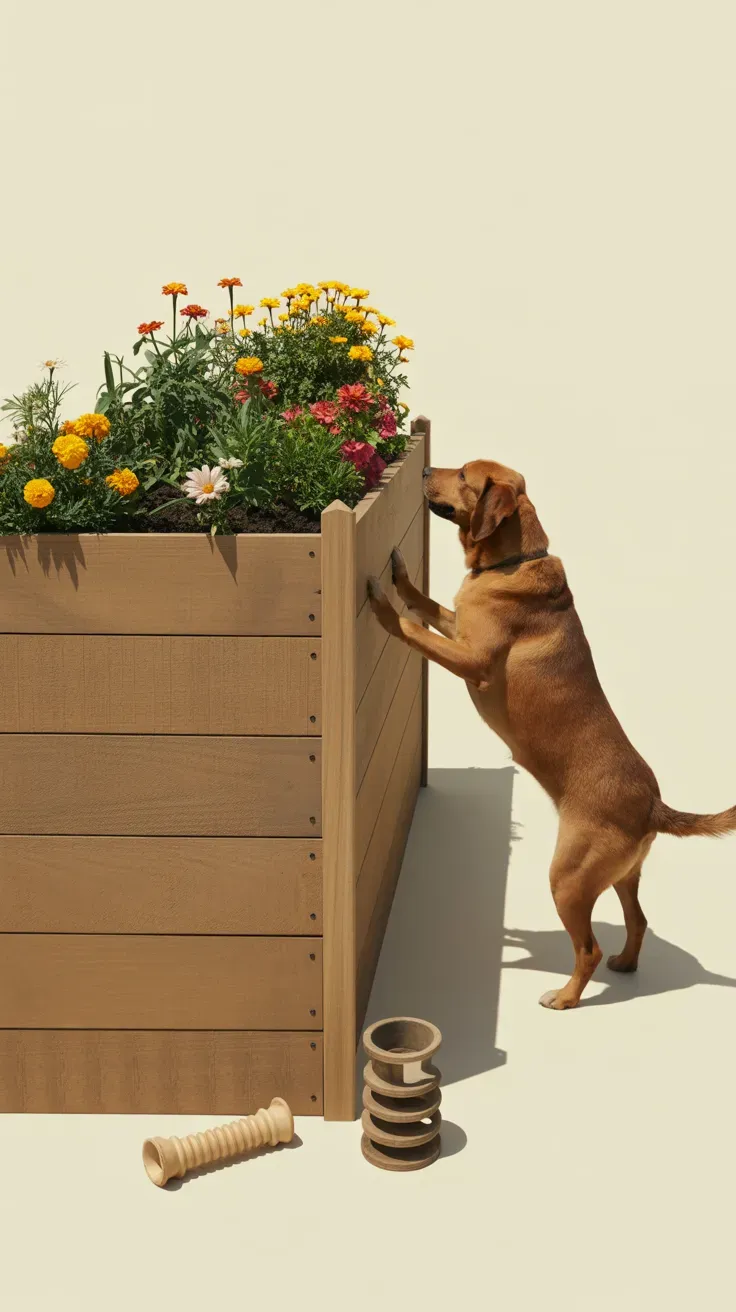 Raised wooden garden bed with tall barrier edge preventing digging beside staircase