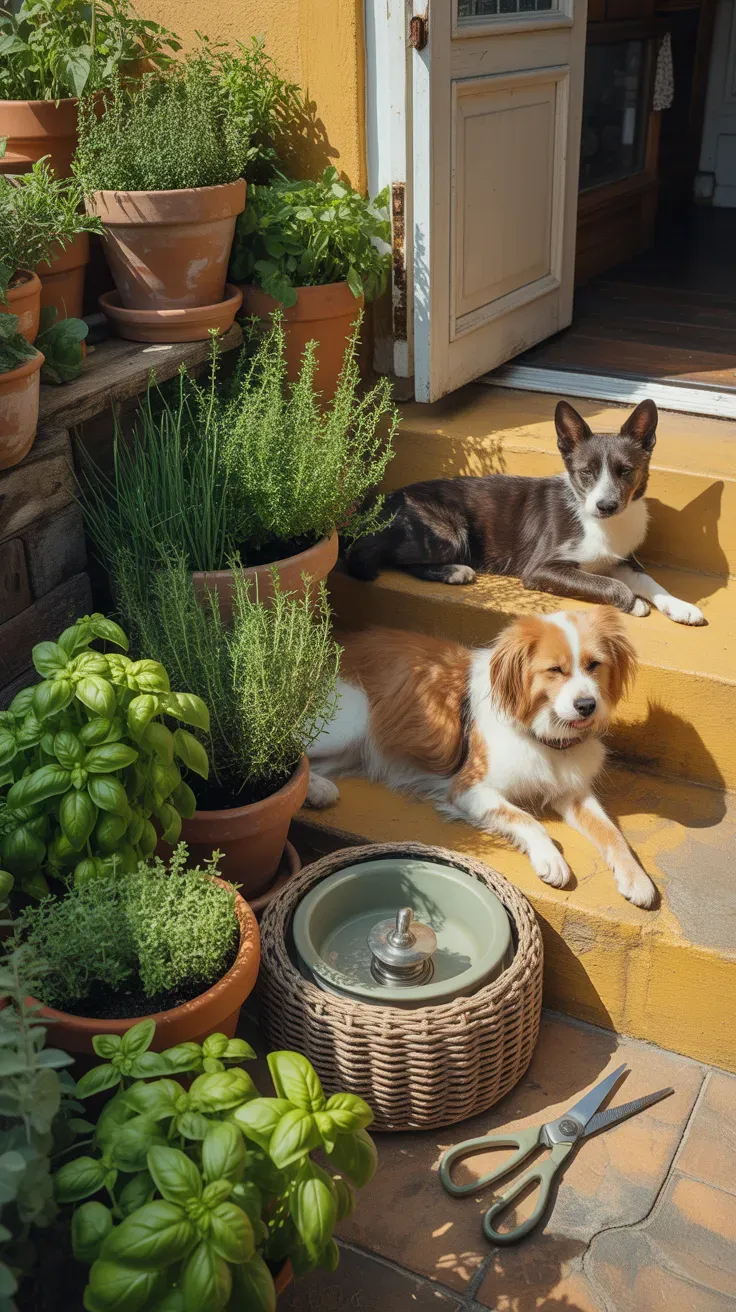 Basil and thyme herb pots safe for both cats and dogs on kitchen door staircase