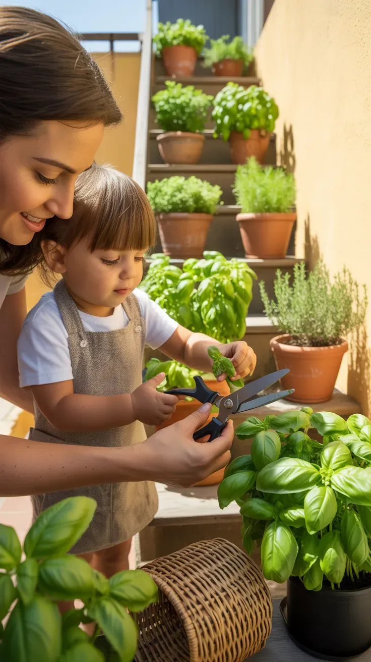Basil and thyme herb pots safe for kids on kitchen door staircase
