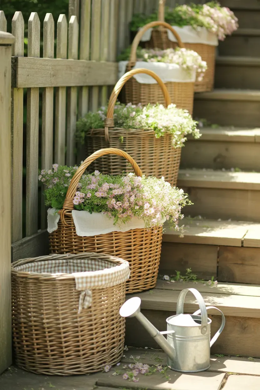 Woven baskets lined with flowers creating soft cottage texture along garden staircase