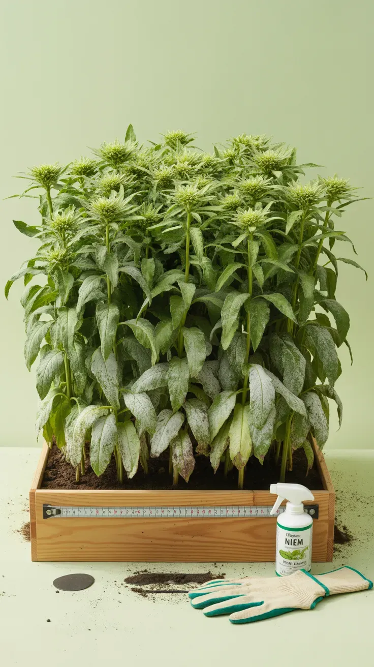 Dense cluster of bee balm stems showing powdery mildew from lack of spacing