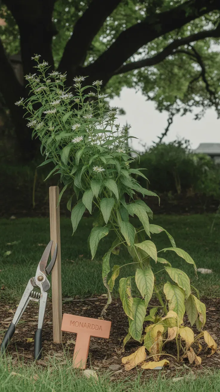 Leggy bee balm plant stretching toward light in partially shaded garden bed