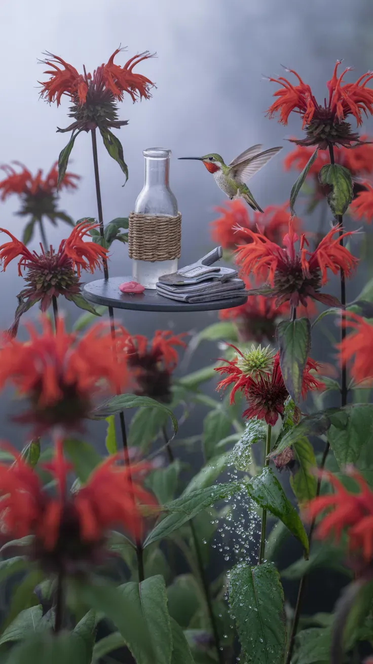 Shaggy red bee balm flowers with a hummingbird approaching in a humid garden border