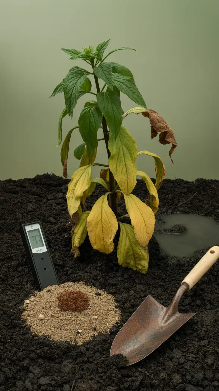 Bee balm with yellowing lower leaves in waterlogged garden soil near drainage tool
