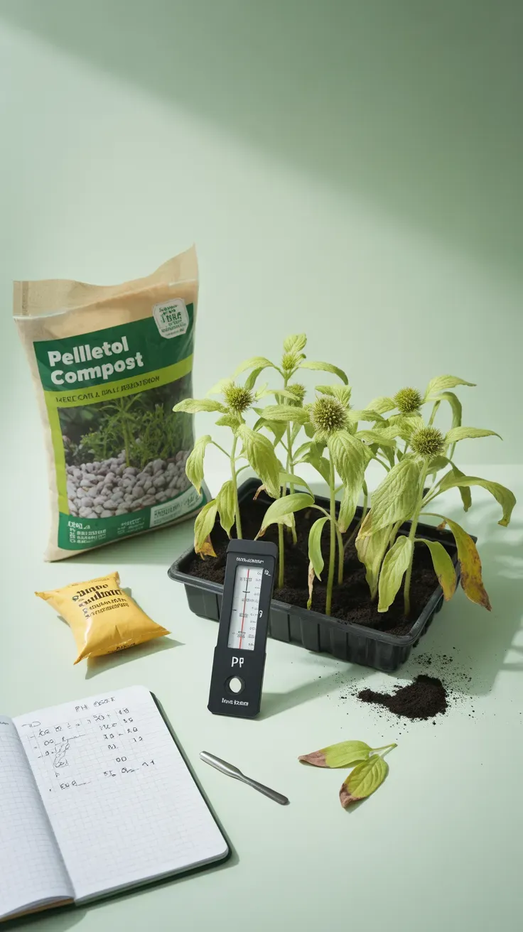 Soil pH testing kit and compost beside pale, weak-growing bee balm seedlings