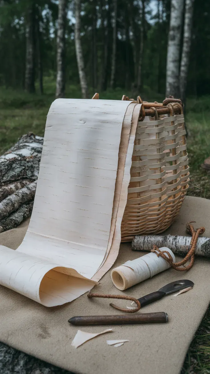 Flat sheets of birch bark stacked beside a partially assembled birch bark basket