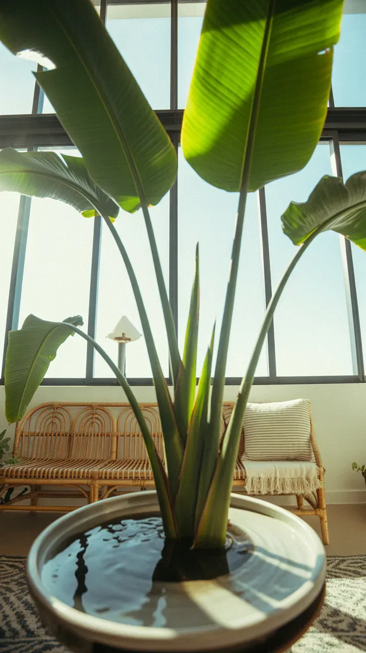 Bird of paradise plant with large banana-like leaves in bright sunroom setting