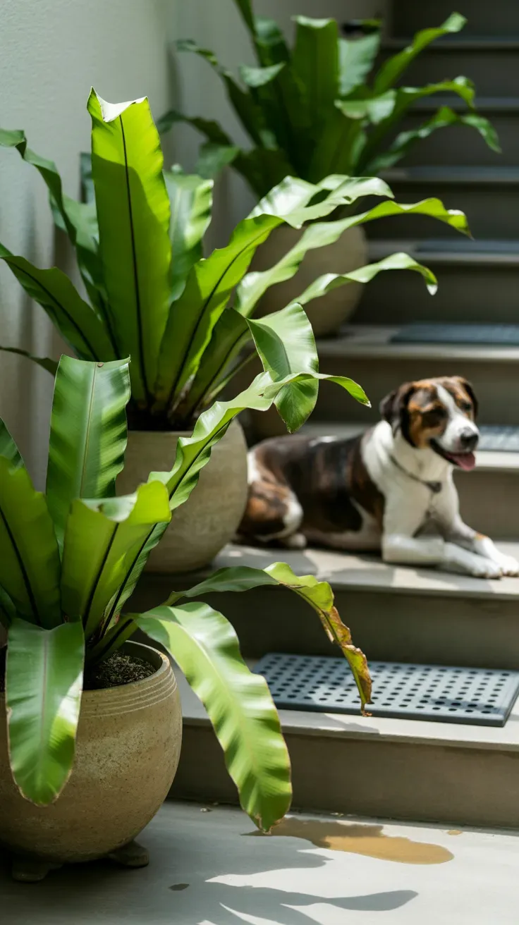 Bird's nest fern cluster in heavy ceramic pots providing sturdy texture on pet-safe staircase
