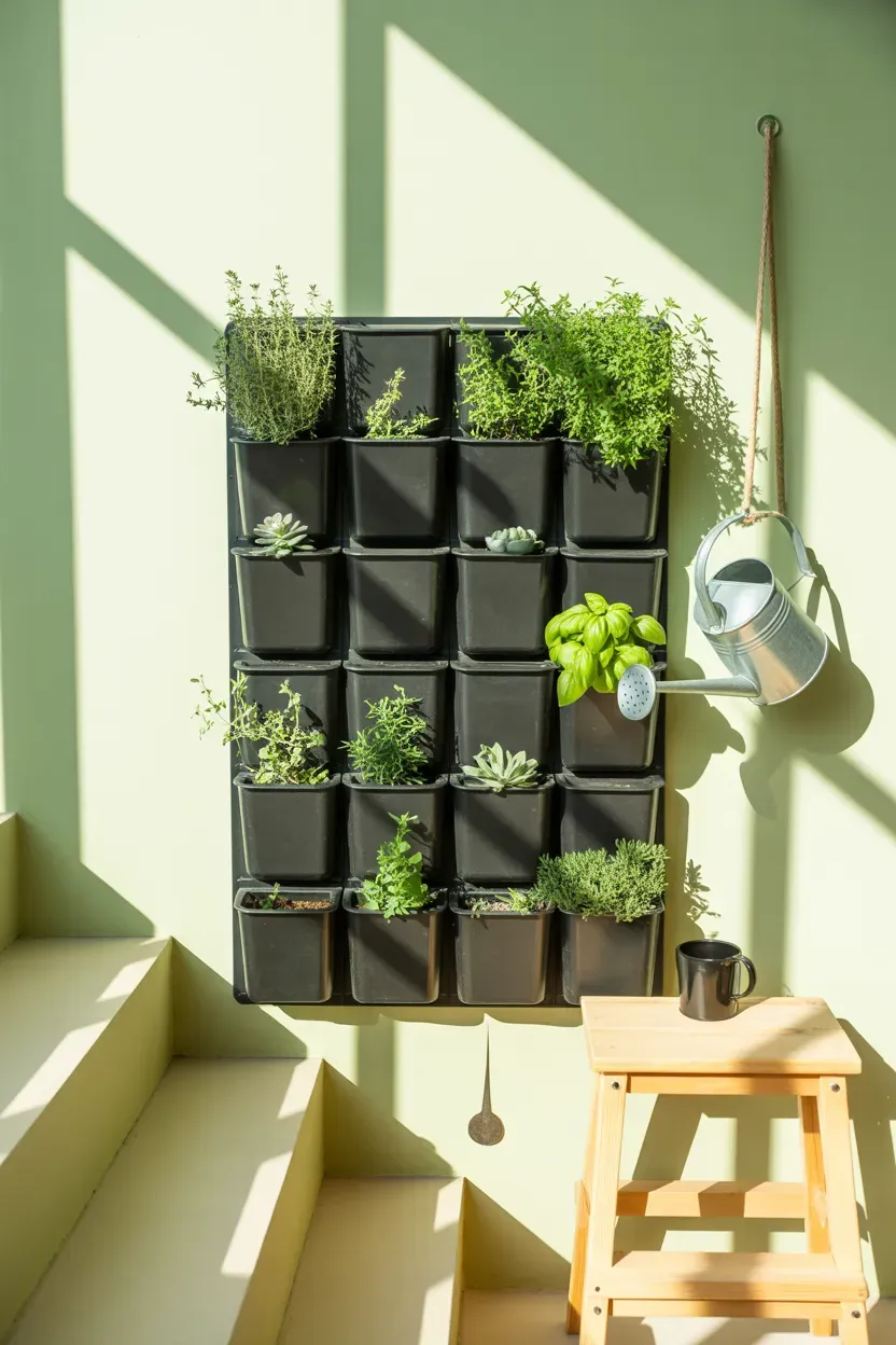 Bird's nest fern with ruffled fronds in a hanging ceramic planter on a staircase