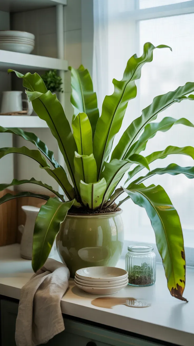 Bird's nest fern with wavy bright green fronds displayed on open kitchen shelf