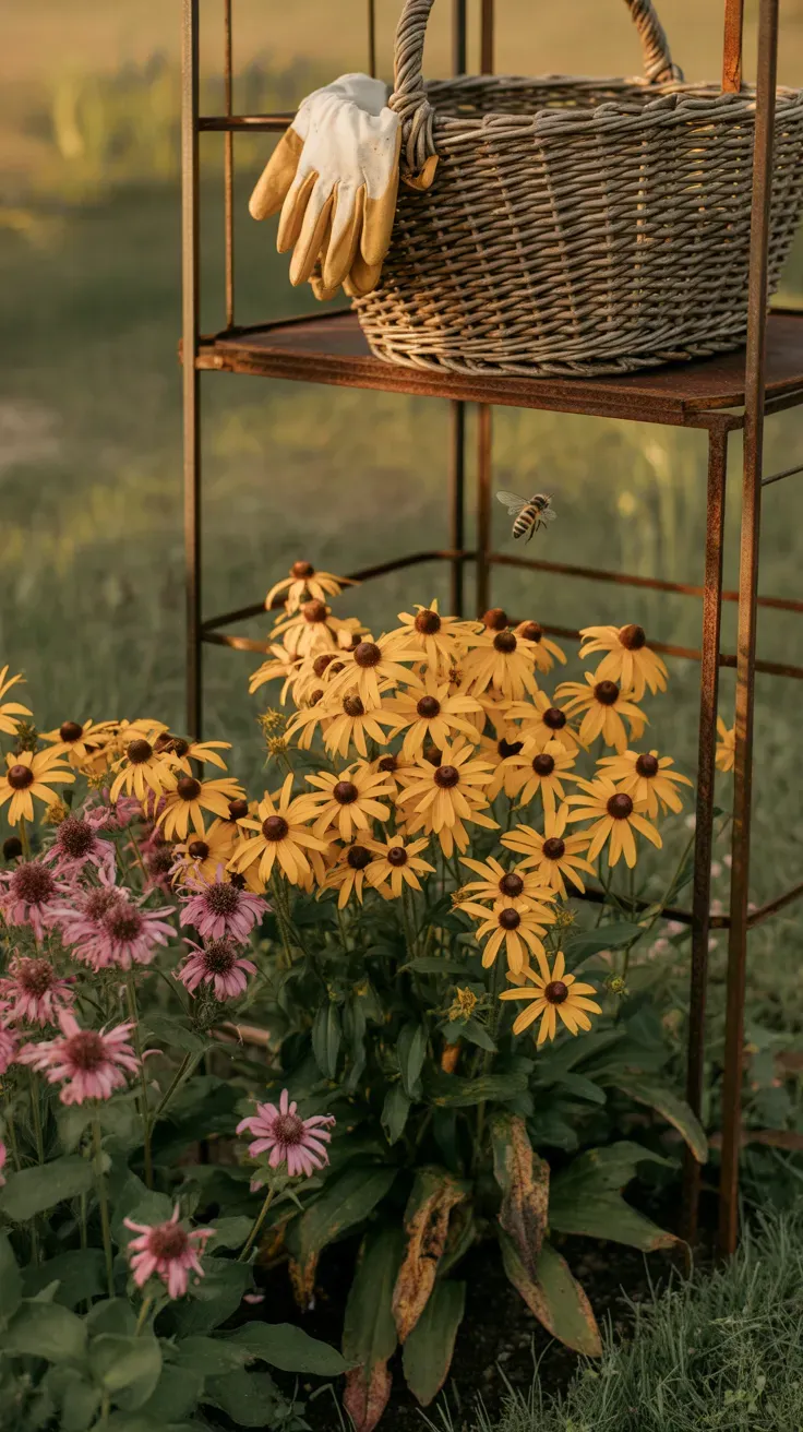 Black-eyed Susan flowers growing beside pink bee balm in a cottage garden