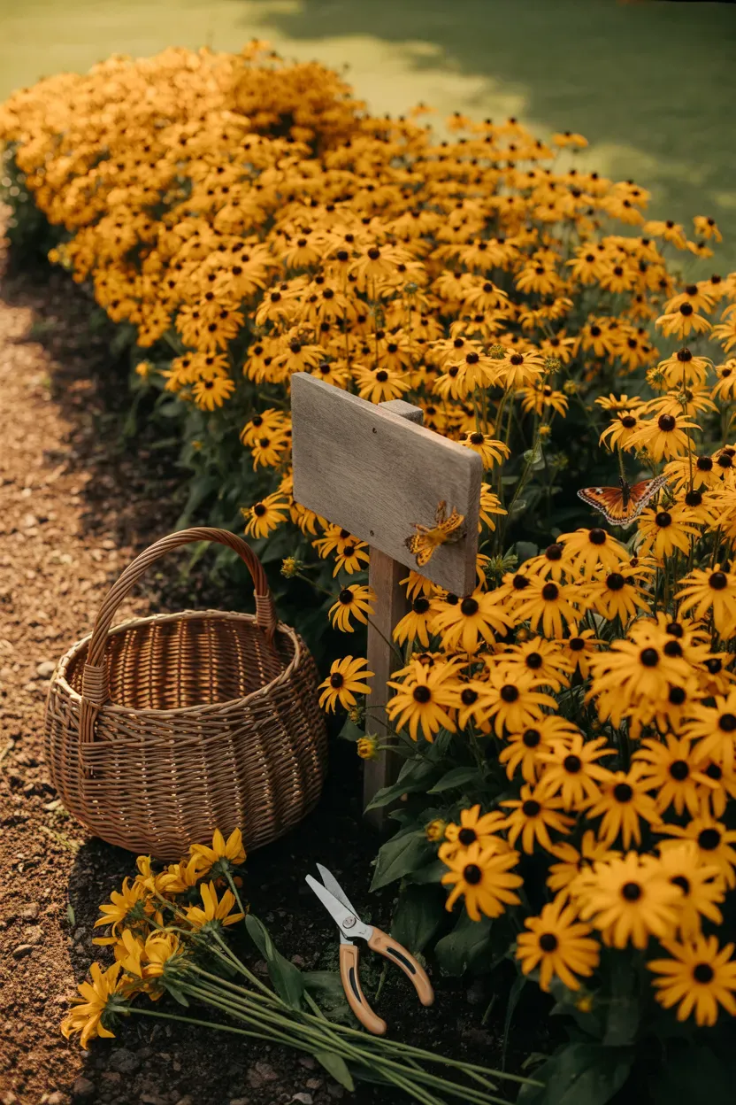 Black-eyed susan flowers blooming in golden mass along sunny late-summer garden bed