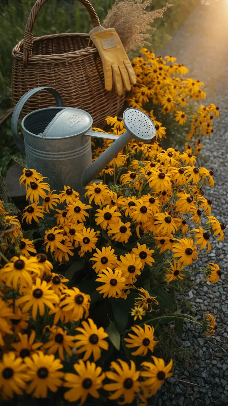 Bright yellow black-eyed Susans blooming in a sunny cottage-style perennial border
