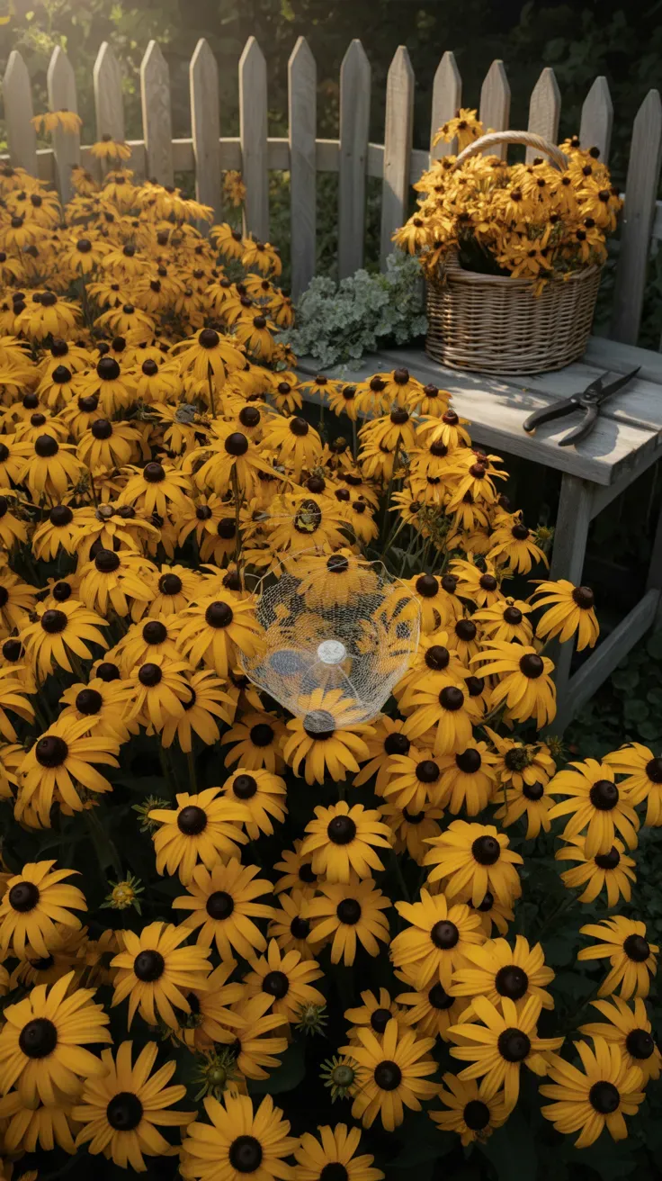 Golden black-eyed Susan flowers blooming densely in a late-summer garden border