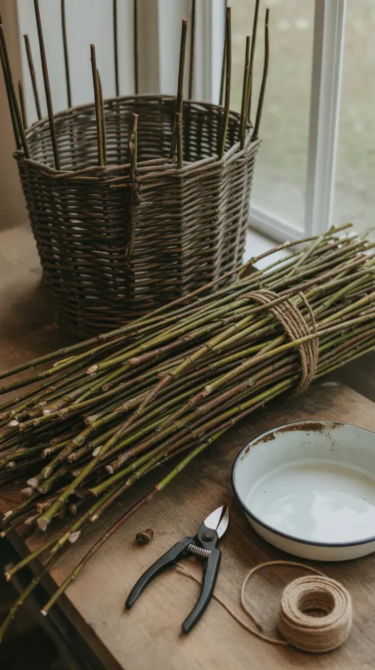 Freshly cut black willow stems bundled beside a half-woven basket base