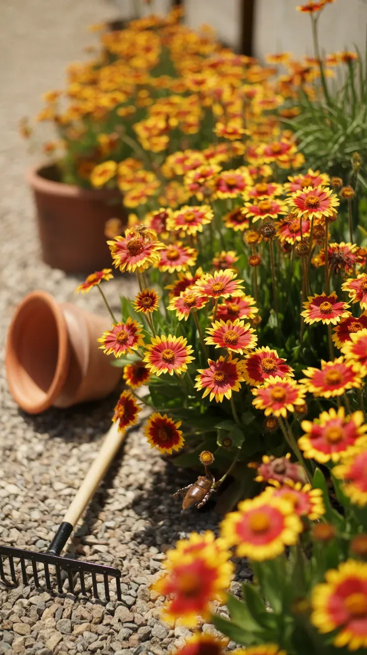 Red and yellow blanket flowers blooming in a hot, sunny drought-tolerant garden border